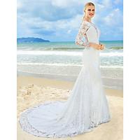 LAN TING BRIDE Trumpet / Mermaid Wedding Dress Floral Lace Sweep / Brush Train Jewel Lace with Lace Ruche