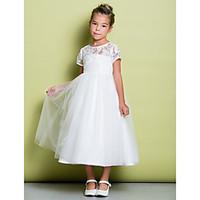 LAN TING BRIDE A-line Tea-length Flower Girl Dress - Lace Tulle Jewel with Lace