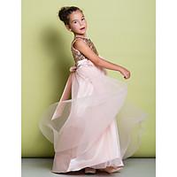 LAN TING BRIDE A-line Sweep / Brush Train Flower Girl Dress - Tulle Sequined Scoop with Flower(s) Sequins