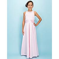 Lanting Bride Floor-length Satin Junior Bridesmaid Dress A-line Jewel Natural with Draping / Flower(s) / Sash / Ribbon