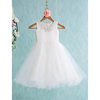 LAN TING BRIDE Ball Gown Knee-length Flower Girl Dress - Satin Tulle Jewel with Beading Bow(s)
