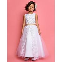 LAN TING BRIDE A-line Princess Ankle-length Flower Girl Dress - Satin Tulle Jewel with Lace Pearl Detailing Sequins