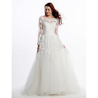 LAN TING BRIDE A-line Wedding Dress See-Through Court Train Scoop Lace Tulle with Appliques Lace