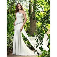 LAN TING BRIDE Sheath / Column Wedding Dress - Chic Modern Elegant Luxurious Simply Sublime Sweep / Brush Train One Shoulder Chiffon
