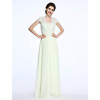 LAN TING BRIDE A-line Mother of the Bride Dress - See Through Floor-length Short Sleeve Chiffon Lace with Lace Sash / Ribbon Ruching
