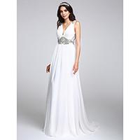 LAN TING BRIDE A-line Wedding Dress Simply Sublime Sweep / Brush Train V-neck Chiffon with Crystal Draped