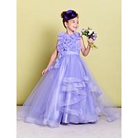 LAN TING BRIDE A-line Sweep / Brush Train Flower Girl Dress - Organza Jewel with Flower(s) Ruching