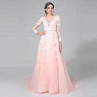 LAN TING BRIDE A-line Wedding Dress - Classic Timeless Open Back Wedding Dress in Color Chapel Train Bateau Tulle withAppliques Sash /