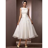 LAN TING BRIDE A-line Wedding Dress - Reception Little White Dress Wedding Dress with Wrap Tea-length Jewel Organza withAppliques Pearl