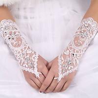 lady\'S White Lace Elastic Silk Flower Shape Tulle Fingerless Elbow Length Bridal Gloves for Wedding Party