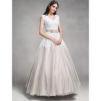 LAN TING BRIDE A-line Wedding Dress Wedding Dress in Color Ankle-length V-neck Lace Satin Tulle with Button Lace Sash / Ribbon