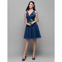 LAN TING BRIDE Knee-length Tulle Bridesmaid Dress - A-line V-neck with Criss Cross