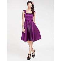 LAN TING BRIDE Knee-length Satin Bridesmaid Dress - A-line / Princess Square / Straps Plus Size / Petite