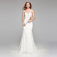 LAN TING BRIDE Sheath / Column Wedding Dress Simply Sublime Floor-length Straps Lace Tulle with Beading Lace