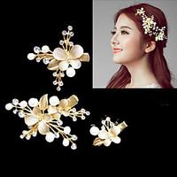 Lady\'s Baroque Style Gold Leaf Olive Crystal Pearl Barrette Clip Hair Jewelry for Wedding Party (Set of 3)