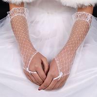 lady\'S White Lace Elastic Silk Flower Shape Tulle Fingerless Elbow Length Bridal Gloves for Wedding Party