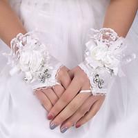 lady\'S White Lace Elastic Silk Flower Shape Tulle Fingerless Wrist Length Bridal Gloves for Wedding Party