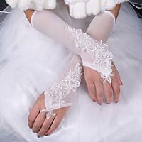 lady\'S White Lace Elastic Silk Flower Shape Tulle Fingerless Elbow Length Bridal Gloves for Wedding Party