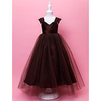 LAN TING BRIDE A-line Ball Gown Floor-length Flower Girl Dress - Taffeta Tulle V-neck Straps with Draping Side Draping