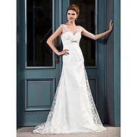 LAN TING BRIDE A-line Princess Wedding Dress - Classic Timeless Lacy Look Court Train V-neck Lace with Bow Sash / Ribbon