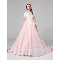 LAN TING BRIDE Ball Gown Wedding Dress Wedding Dress in Color Court Train Jewel Lace Satin with Appliques Button