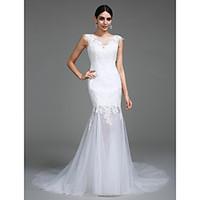 LAN TING BRIDE Fit Flare Wedding Dress See-Through Court Train Scoop Satin Tulle with Appliques Button