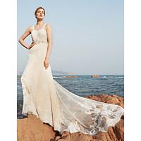 LAN TING BRIDE A-line Wedding Dress Open Back Sweep / Brush Train Straps Lace with Beading Draped