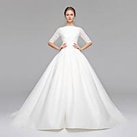 LAN TING BRIDE A-line Wedding Dress Simply Sublime Sweep / Brush Train Bateau Lace Satin with Bow Sash / Ribbon