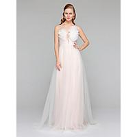 LAN TING BRIDE A-line Wedding Dress - Chic Modern See-Through Court Train Bateau Tulle with Flower Sash / Ribbon Side-Draped