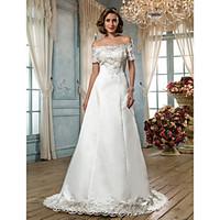 LAN TING BRIDE A-line Wedding Dress - Classic Timeless Glamorous Dramatic Vintage Inspired Sweep / Brush Train Off-the-shoulder Satin