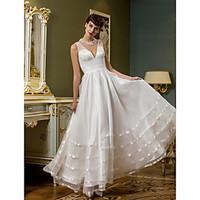 LAN TING BRIDE A-line Wedding Dress Open Back Ankle-length V-neck Organza Tulle with Sash / Ribbon Side-Draped