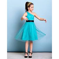 LAN TING BRIDE Knee-length Tulle Junior Bridesmaid Dress A-line One Shoulder Natural with Sash / Ribbon