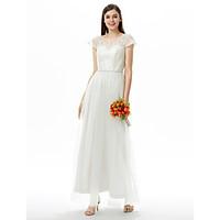 LAN TING BRIDE Ankle-length Jewel Bridesmaid Dress - Open Back Short Sleeve Lace Tulle