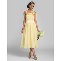 LAN TING BRIDE Tea-length Chiffon / Stretch Satin Bridesmaid Dress - A-line Halter Plus Size / Petite with Draping / Bandage