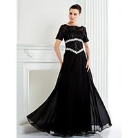 LAN TING BRIDE A-line Plus Size Petite Mother of the Bride Dress - Vintage Inspired Floor-length Short Sleeve Chiffon Lace with Beading