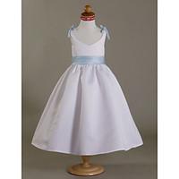 LAN TING BRIDE A-line Princess Tea-length Flower Girl Dress - Satin V-neck with Bow(s) Flower(s) Sash / Ribbon Ruffles