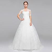 LAN TING BRIDE Celebrity Style Wedding Dress - Ball Gown Sweep / Brush Train Bateau Lace with Appliques Draped