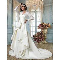 LAN TING BRIDE A-line Wedding Dress - Classic Timeless Elegant Luxurious Vintage Inspired Chapel Train V-neck Lace Satin withSash /