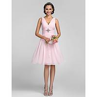 LAN TING BRIDE Knee-length V-neck Bridesmaid Dress - Lace-up Mini Me Sleeveless Chiffon