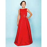 Lanting Bride Floor-length Satin Junior Bridesmaid Dress A-line / Princess Bateau Natural with Beading / Draping / Criss Cross