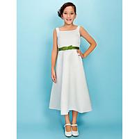 LAN TING BRIDE Tea-length Satin Junior Bridesmaid Dress A-line Princess Square Natural with Bow(s) Sash / Ribbon