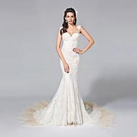 LAN TING BRIDE Trumpet / Mermaid Wedding Dress - Glamorous Dramatic See-Through Court Train Sweetheart Lace Tulle with Appliques