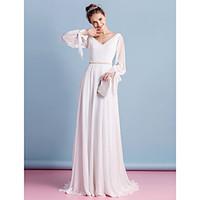 LAN TING BRIDE Sheath / Column Wedding Dress Simply Sublime Court Train V-neck Chiffon with Beading