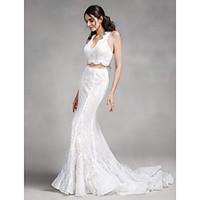 LAN TING BRIDE Trumpet / Mermaid Wedding Dress Two-in-One Court Train V-neck Lace with Lace