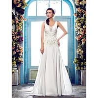 LAN TING BRIDE Sheath / Column Wedding Dress - Classic Timeless Elegant Luxurious Sparkle Shine Floor-length V-neck Chiffon with