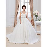LAN TING BRIDE Ball Gown Wedding Dress - Classic Timeless Lacy Look Chapel Train V-neck Organza with Appliques Beading