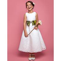 LAN TING BRIDE A-line Princess Ankle-length Flower Girl Dress - Lace Scoop with Bow(s) Crystal Detailing Sash / Ribbon