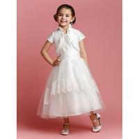 LAN TING BRIDE A-line Princess Tea-length Flower Girl Dress - Taffeta Tulle Jewel with Lace Ruching