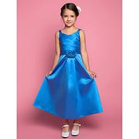 LAN TING BRIDE A-line Ankle-length Flower Girl Dress - Satin Spaghetti Straps with Flower(s) Criss Cross Side Draping