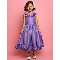 LAN TING BRIDE A-line Princess Tea-length Flower Girl Dress - Taffeta Scoop Spaghetti Straps with Flower(s) Sash / Ribbon